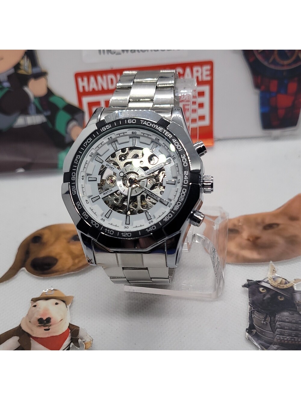 408 ONOLA Men's Automatic Skeleton Dial Tachymeter Silver Steel Bracelet Watch - Picture 2 of 8